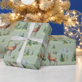Papel De Presente Floresta de Inverno em Aquarela - Veados e Árvores