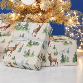 Papel De Presente Floresta de Inverno em Aquarela - Veados e Árvores