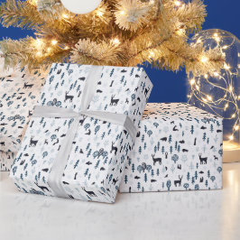 Papel De Presente Floresta de Inverno Escandinava com Animais em Azu