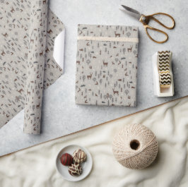 Papel De Presente Floresta de Inverno Escandinava com Animais em Neu