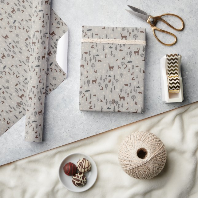 Papel De Presente Floresta de Inverno Escandinava com Animais em Neu (Artesanato)