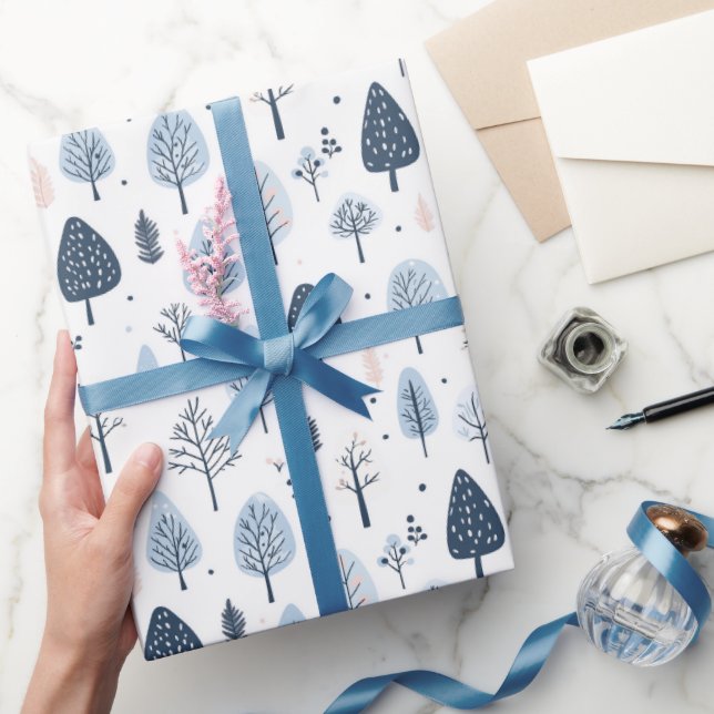 Papel De Presente Floresta de inverno - Natal azul e branco (Presentear)