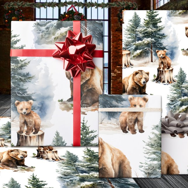 Papel De Presente Floresta de inverno - Terra-Mãe e Urso-Grizzly (Winter Woodland Mother & Cub Grizzly Bear Country Wrapping Paper Rolls)