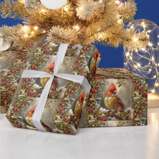Papel De Presente Floresta de Natal com Azevinho, Pássaro, Inverno