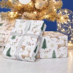 Papel De Presente Floresta de Natal em Aquarela, Rena, Frutas