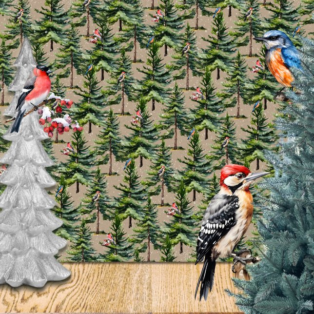 Papel De Presente Floresta de Pássaros de inverno Primeira Chuva de  (Winter Woodland Forest Birds First Snowfall Kraft Wrapping Paper Rolls in 6 feet and 15 feet rolls.)