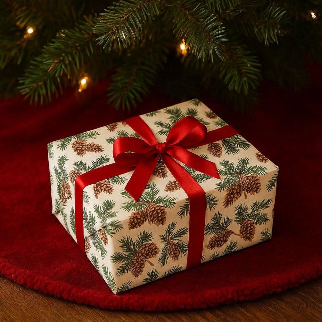 Papel De Presente Floresta de Pinheiro e Sempre Verde (A nature inspired wrapping paper. Evergreen and pinecone pattern on white. For Christmas and Winter )