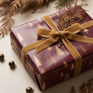 Papel De Presente Floresta de Pinheiros Faux Dourado Natalino Elegan