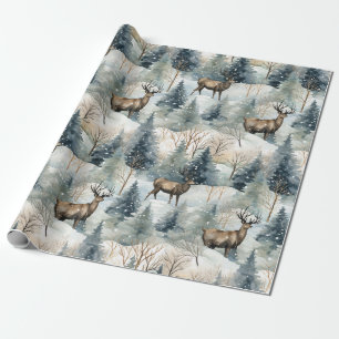 Papel De Presente Floresta de Veados em Aquarela de Inverno (1)