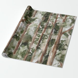 Papel De Presente Floresta Densa de Pinheiros em Aquarela e Mata Neb