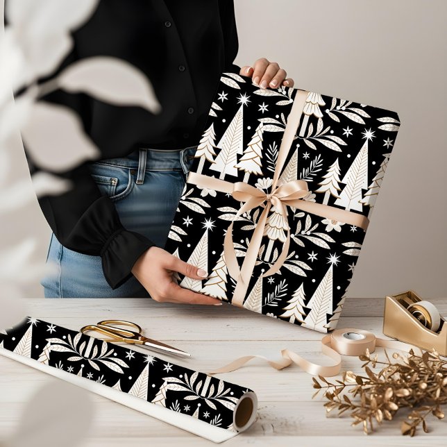 Papel De Presente Floresta Elegante de Luxo Evergreen e Floral (Elegant Luxury Holiday Evergreen Forest & Floral Wrapping Paper)