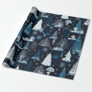 Papel De Presente Floresta Nevada Azul Meia-Noite Fantasia de Invern