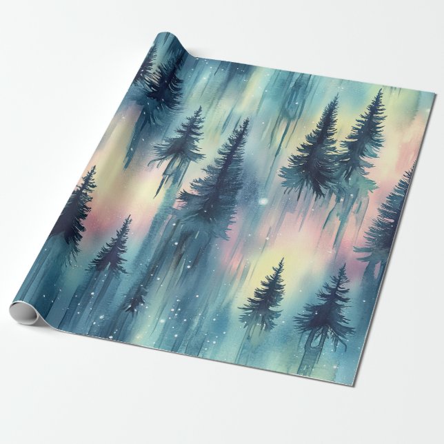 Papel De Presente Floresta Noturna da Aurora Boreal Escura (10) (Desenrolado)