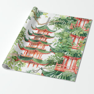Papel De Presente Floresta Pagode Sonhadora Aguarela Sage