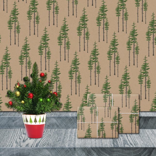 Papel De Presente Floresta Russa de Pinheiros Orientais da Kraft (Rustic Kraft Eastern Pine Tree Woodland Forest Christmas Holiday Gift Wrapping Paper Rolls)