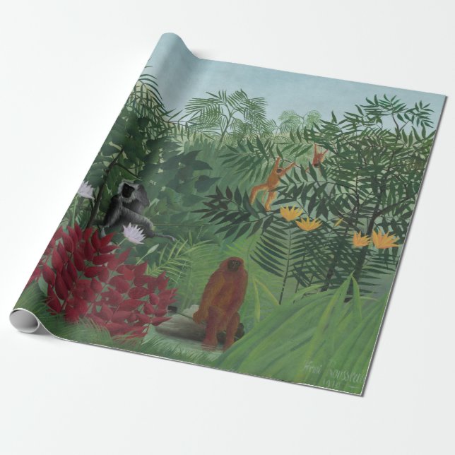 Papel De Presente Floresta Tropical com Macacos e Cobra (Rousseau) (Desenrolado)