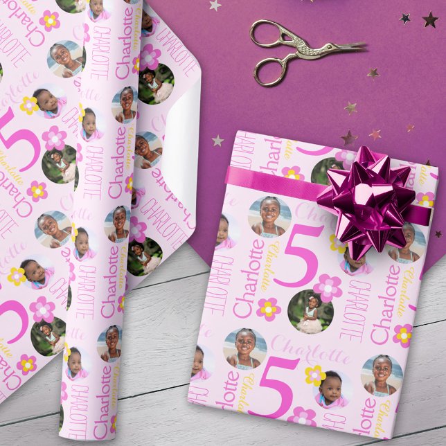 Papel De Presente Flower custom name photos age 5th birthday wrap (Criador carregado)