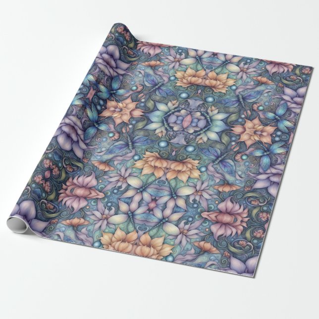 Papel De Presente FLower Damask Blue Dourado (Desenrolado)
