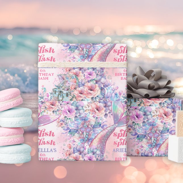 Papel De Presente Flower Glitter Mermaid Tail 6th Birthday (Criador carregado)