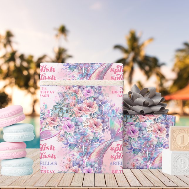Papel De Presente Flower Glitter Mermaid Tail 7th Birthday (Criador carregado)