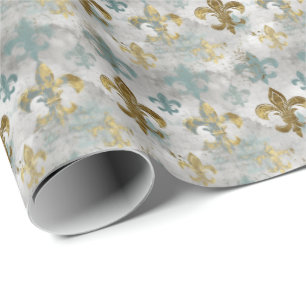 Papel De Presente Fluer de Lis Azul mole e Dourado