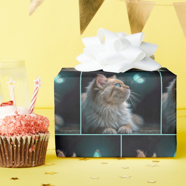 Papel De Presente Fluffy Cat Com Borboleta Neon (Festa de aniversário)