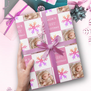 Papel De Presente Fofa Bebê Rosa primeiro Natal Floco de Neve Foto