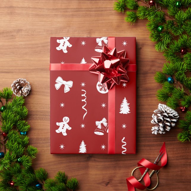 Papel De Presente Fofa Clássico Vermelho e Branco Gingerbread Natal (Presente de Natal)