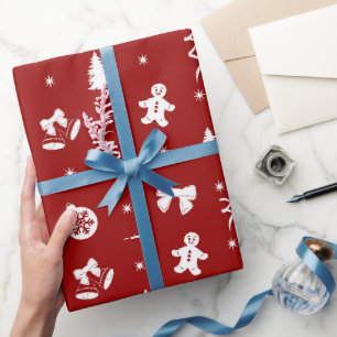 Papel De Presente Fofa Clássico Vermelho e Branco Gingerbread Natal