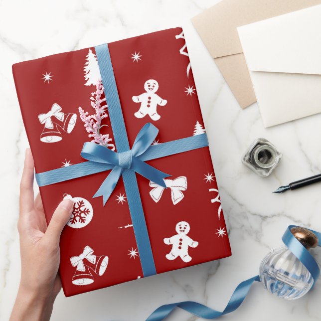 Papel De Presente Fofa Clássico Vermelho e Branco Gingerbread Natal (Presentear)