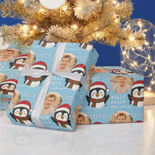 Papel De Presente Fofa Foto Personalizada de Pinguim de Natal