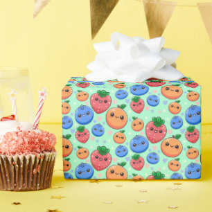 Papel De Presente Fofa Kawaii Verde Laranja Azul Fruta Gênero Neutro