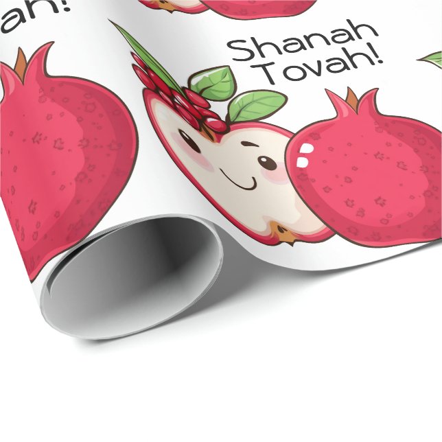 Papel De Presente Fofa Shana Tova com maçã e romã (Ponta do rolo)