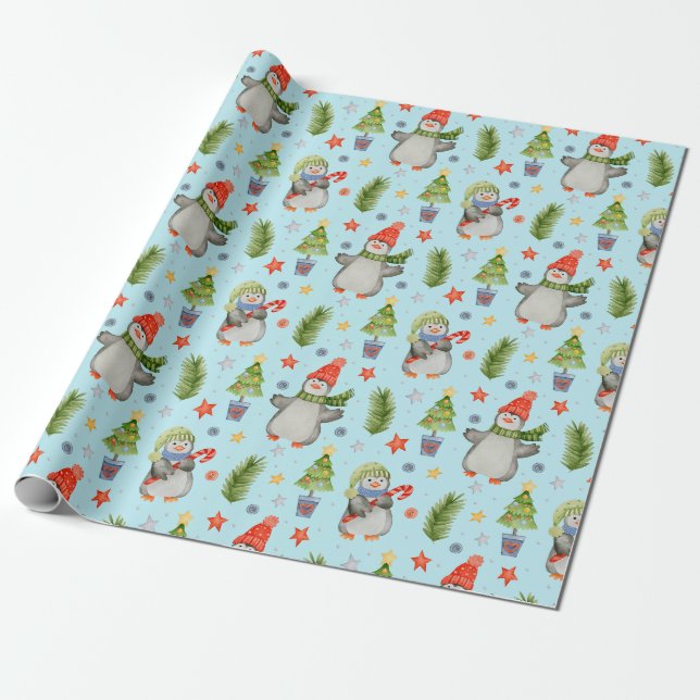 Papel De Presente Fofos Pinguins de Natal do Polo Norte  (Desenrolado)