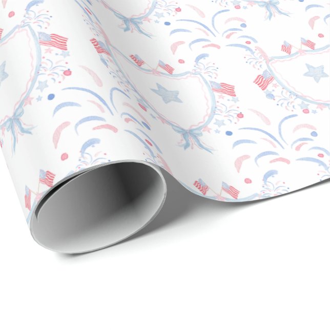Papel De Presente Fogos de Artifício de 4 de Julho em Aquarela (Ponta do rolo)