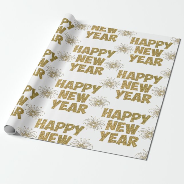 Papel De Presente fogos de artifício de feliz ano novo dourado (Desenrolado)