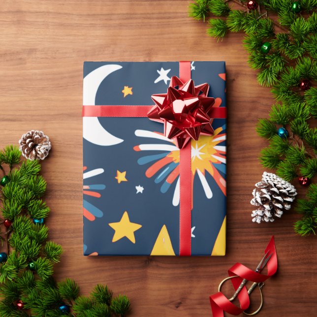 Papel De Presente Fogos de Artifício e Estrelas e Lua em Preto (Presente de Natal)