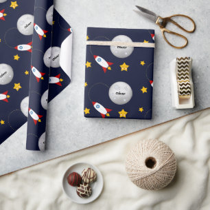 Papel De Presente Foguete à Lua e Estrelas Personalizadas