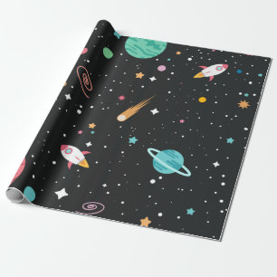 Papel De Presente foguetes espaciais e planetas a preto