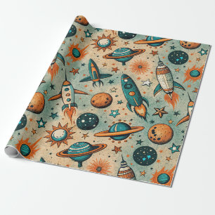 Papel De Presente Foguetes Estrelas Cósmicas Caprichosas Coral Teal