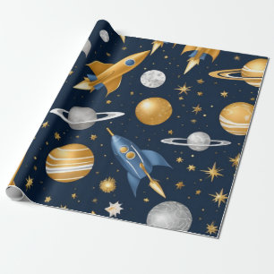 Papel De Presente Foguetes ouros de exploração espacial, planetas pr
