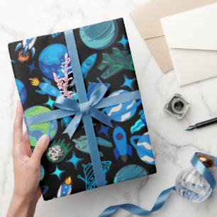 Papel De Presente Foguetes Retro no Espaço.BG Preto