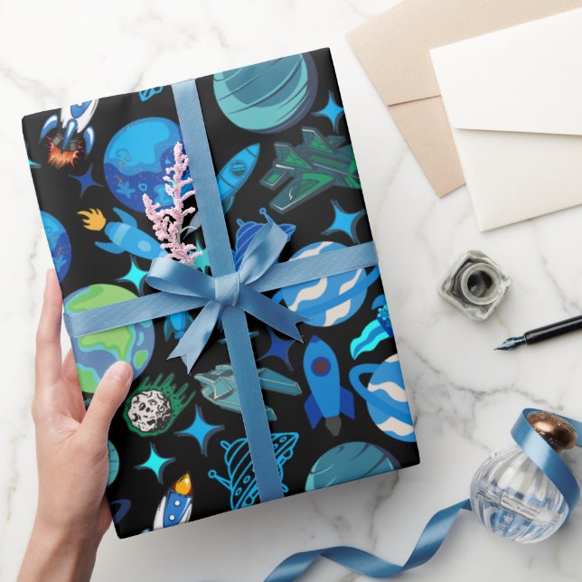 Papel De Presente Foguetes Retro no Espaço.BG Preto (Presentear)