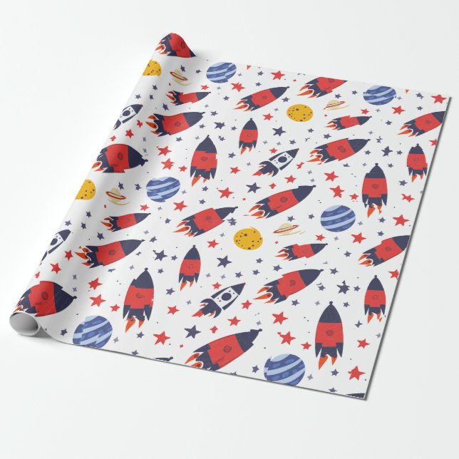 Papel De Presente Foguetes Vermelhos Estrelas e Planetas  (Desenrolado)