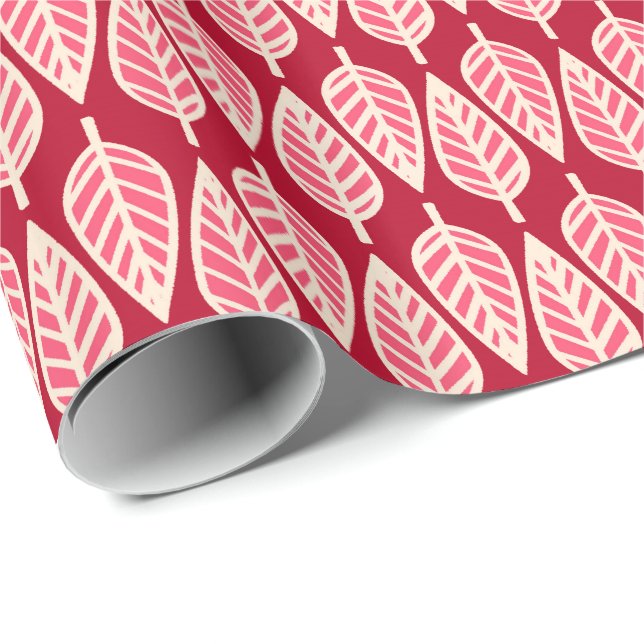 Papel De Presente Folha de faia - Vermelho-rubi e creme (Ponta do rolo)
