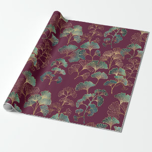 Papel De Presente Folha de Ginkgo Elegante em Borgonha e Azul Turque