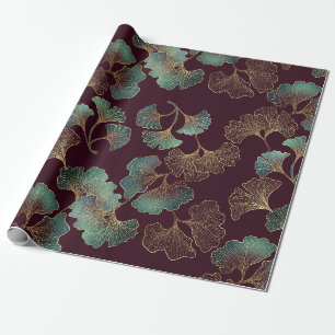 Papel De Presente Folha de Ginkgo Elegante em Borgonha e Turquesa (1