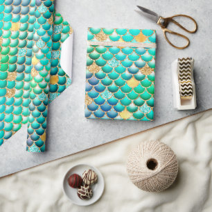 Papel De Presente Folha de Ombre Verde e Escalas de Sereia Douradas