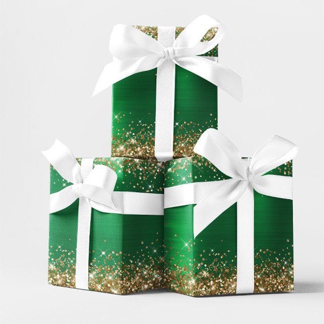 Papel De Presente Folha de Ombro Verde de Feriado Glitter Dourado (Gold Glitter Holiday Green Ombre Foil Wrapping Paper
)