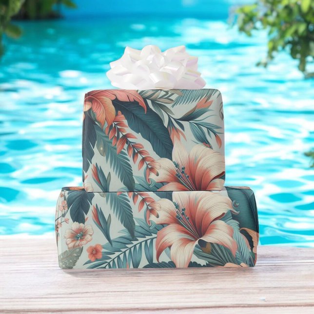 Papel De Presente Folha de Palma Tropical Falsa, Rosa e Verde (Criador carregado)
